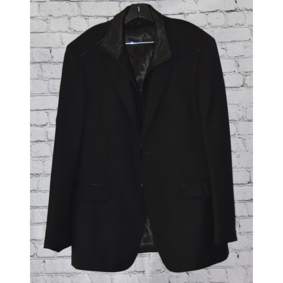 Mattarazi Uomo Wool & Leather Detail Black Zipper Single Breasted Jacket Size 54 - Picture 2 of 12